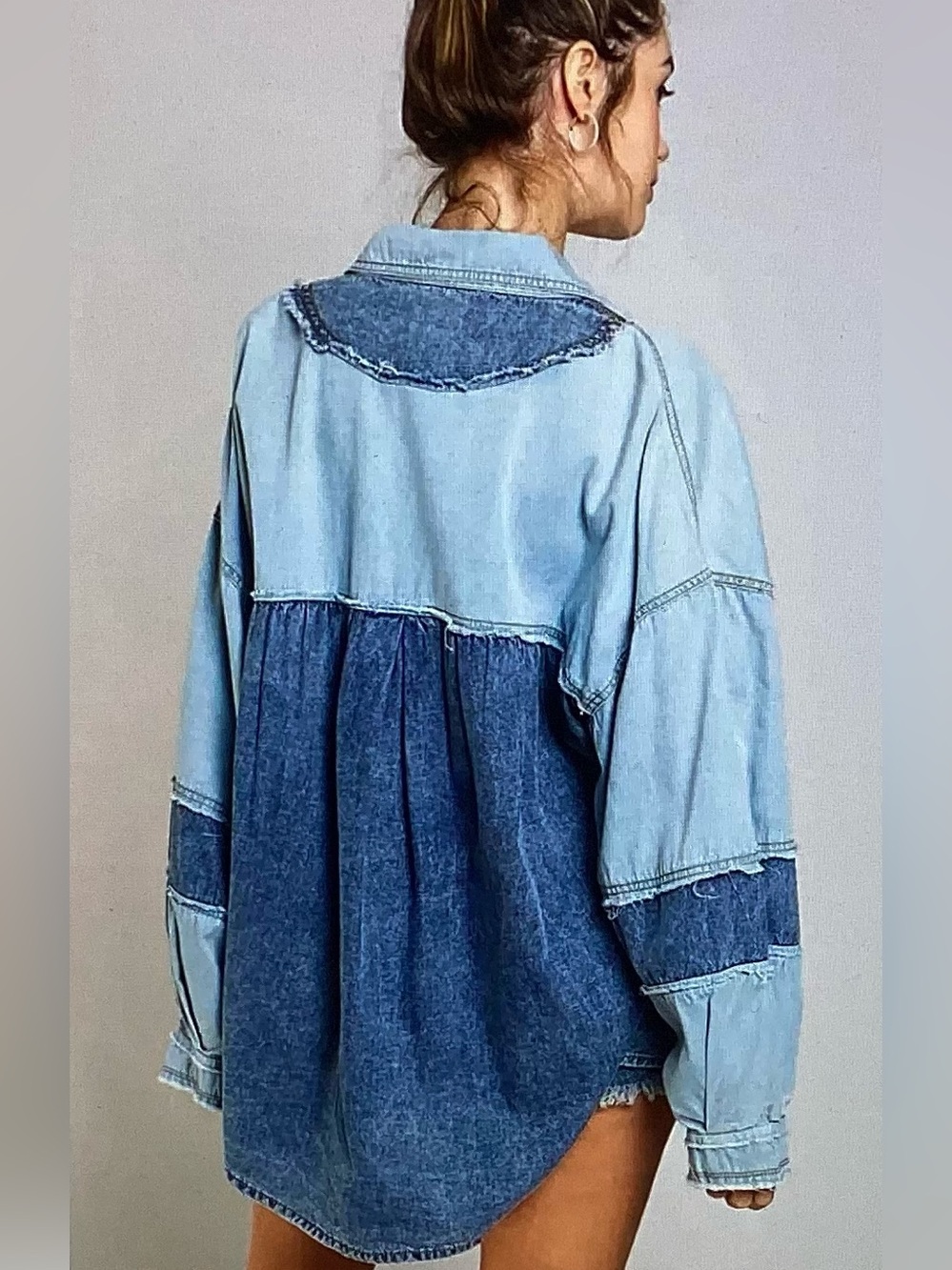 POL Two-Tone Chambray Button-Up Shirt - Light Blue & Dark Blue - Picture 2 of 5